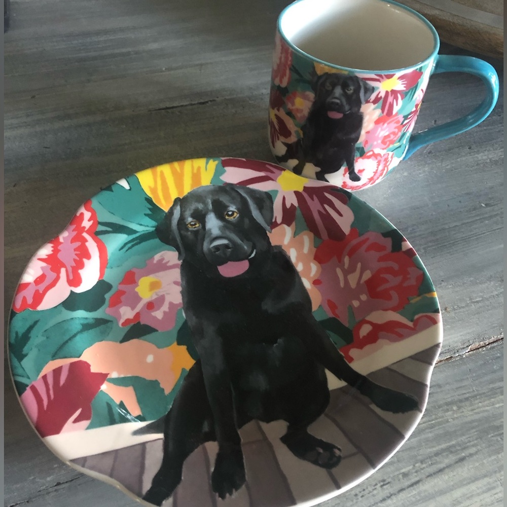 Anthropologie Jay McClellan "Sweet Ruby" black lab mug and plate